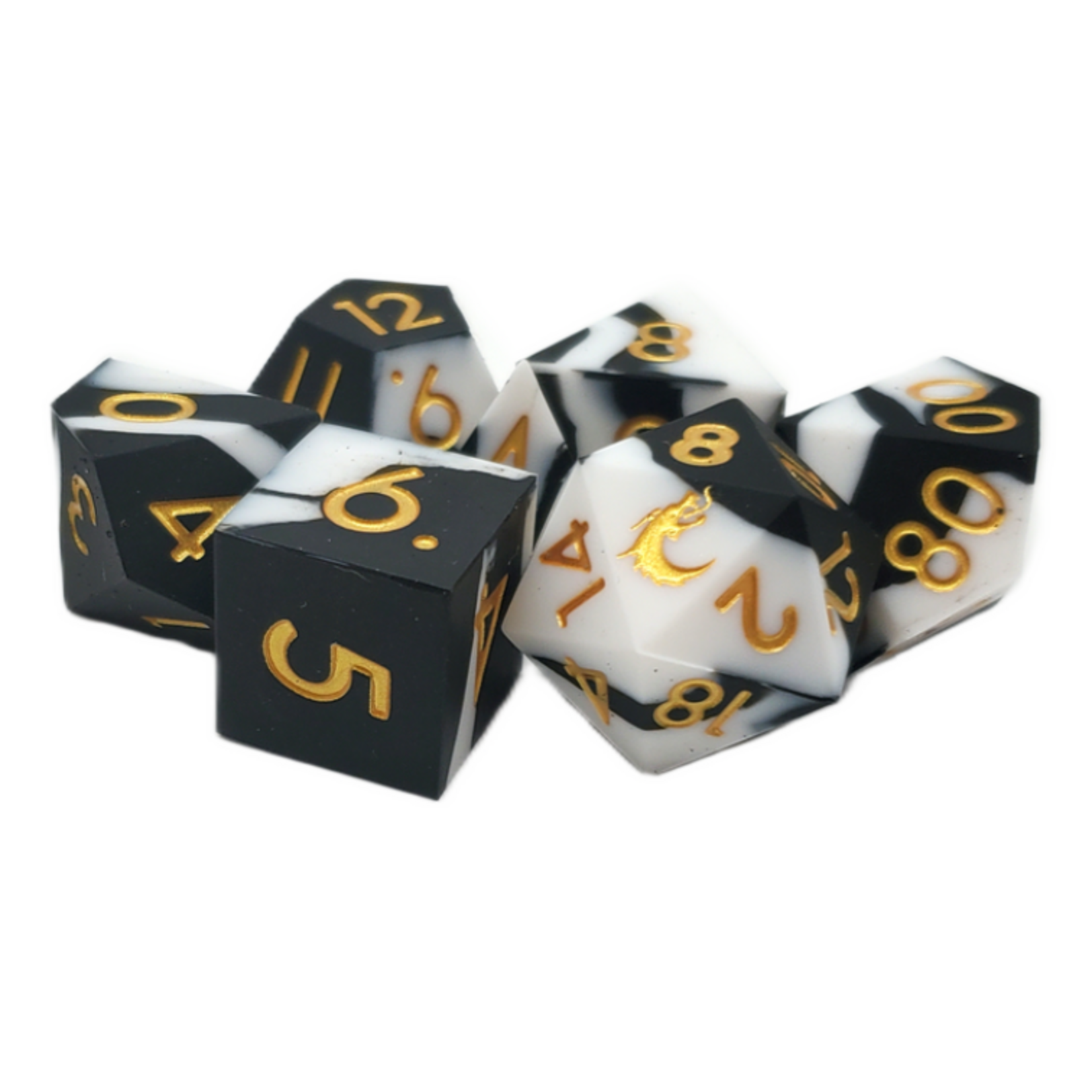OLD SCHOOL DICE & ACCESSORIES SILICONE BLACK & WHITE W/ GOLD  7-DIE SET