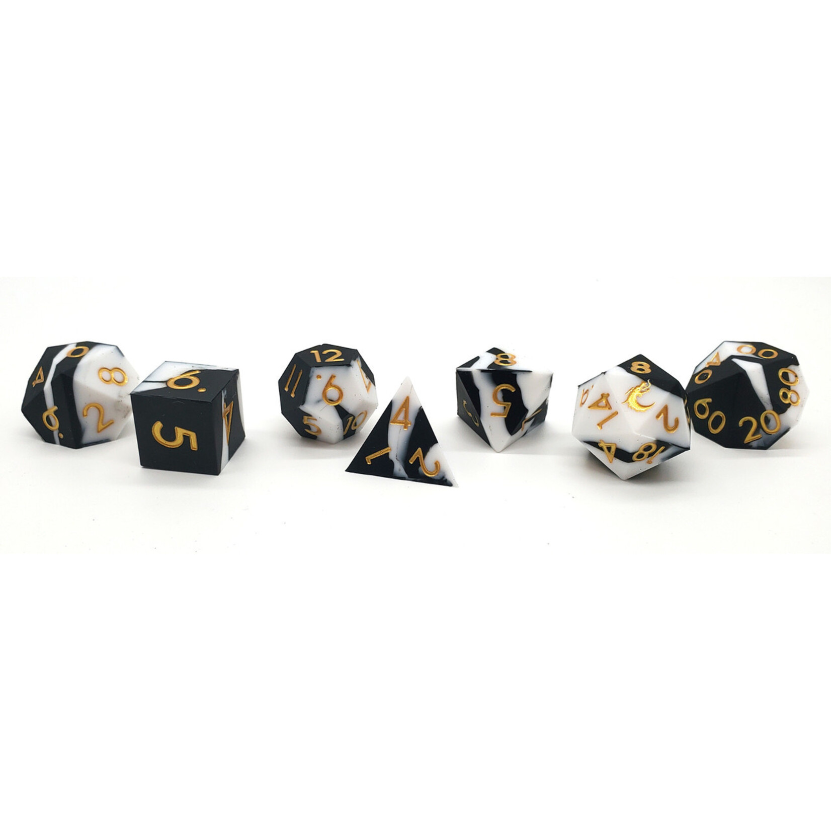OLD SCHOOL DICE & ACCESSORIES SILICONE BLACK & WHITE W/ GOLD  7-DIE SET