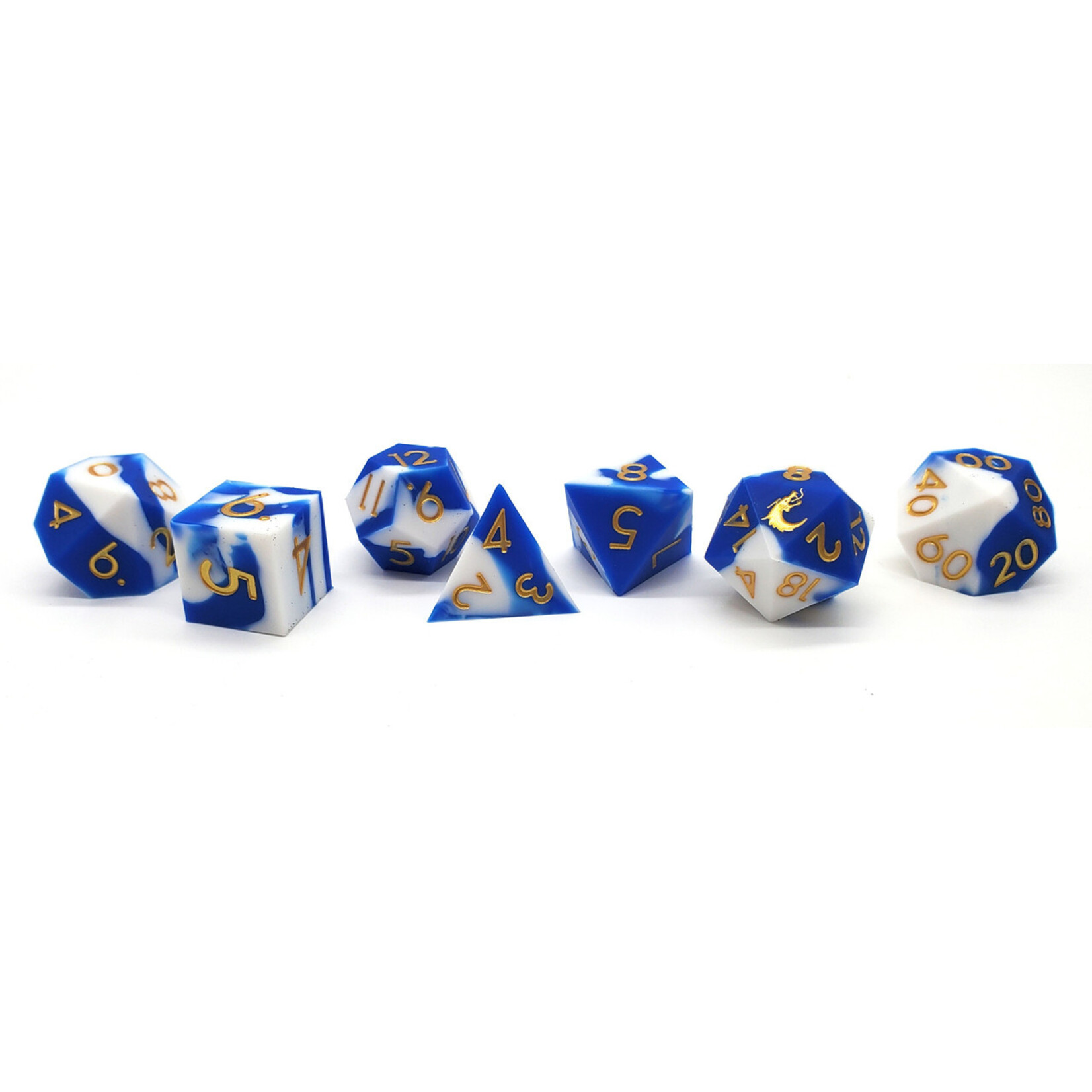 OLD SCHOOL DICE & ACCESSORIES SILICONE BLUE & WHITE W/ GOLD  7-DIE SET