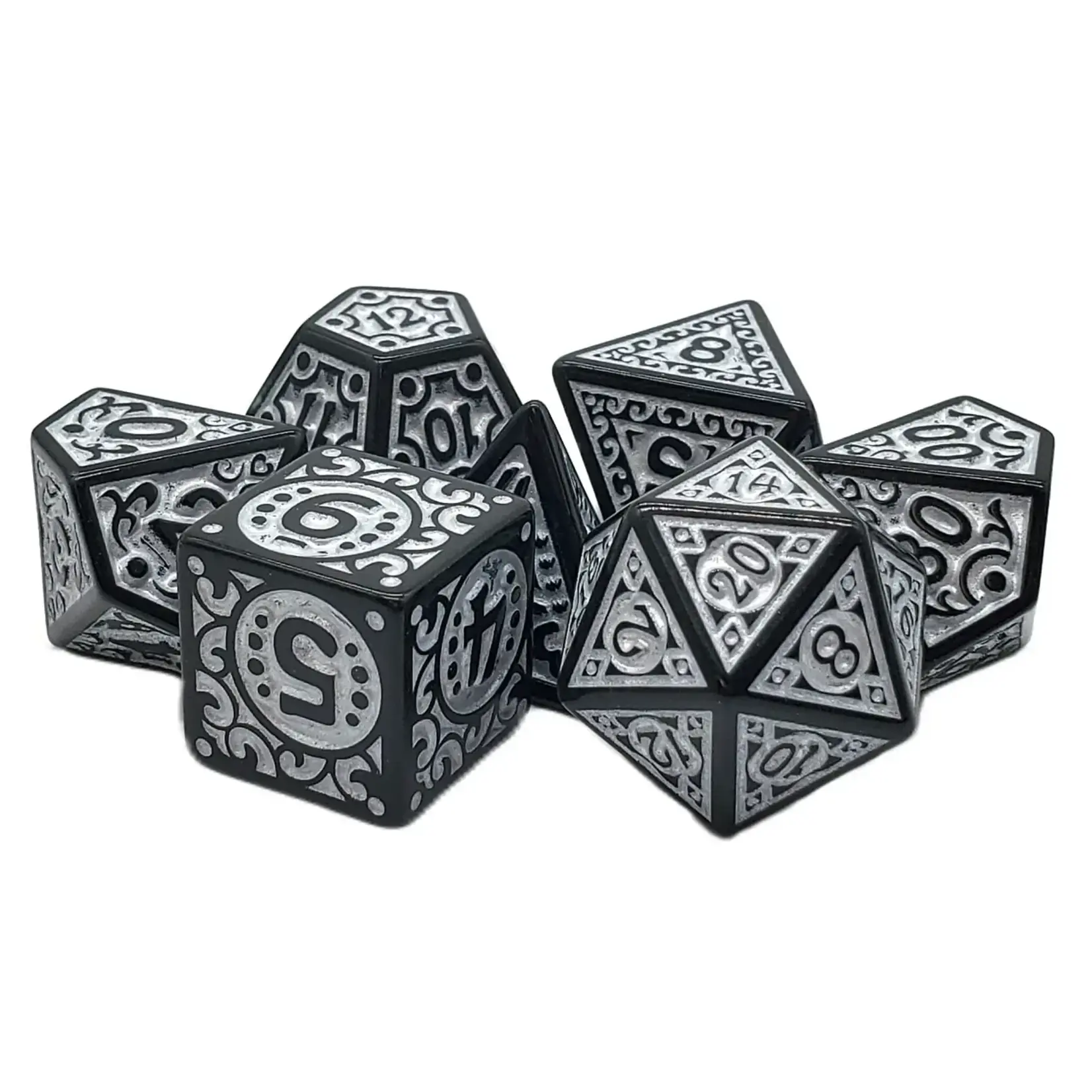 OLD SCHOOL DICE & ACCESSORIES MAGICAL RUNES SILVER 7PC SET