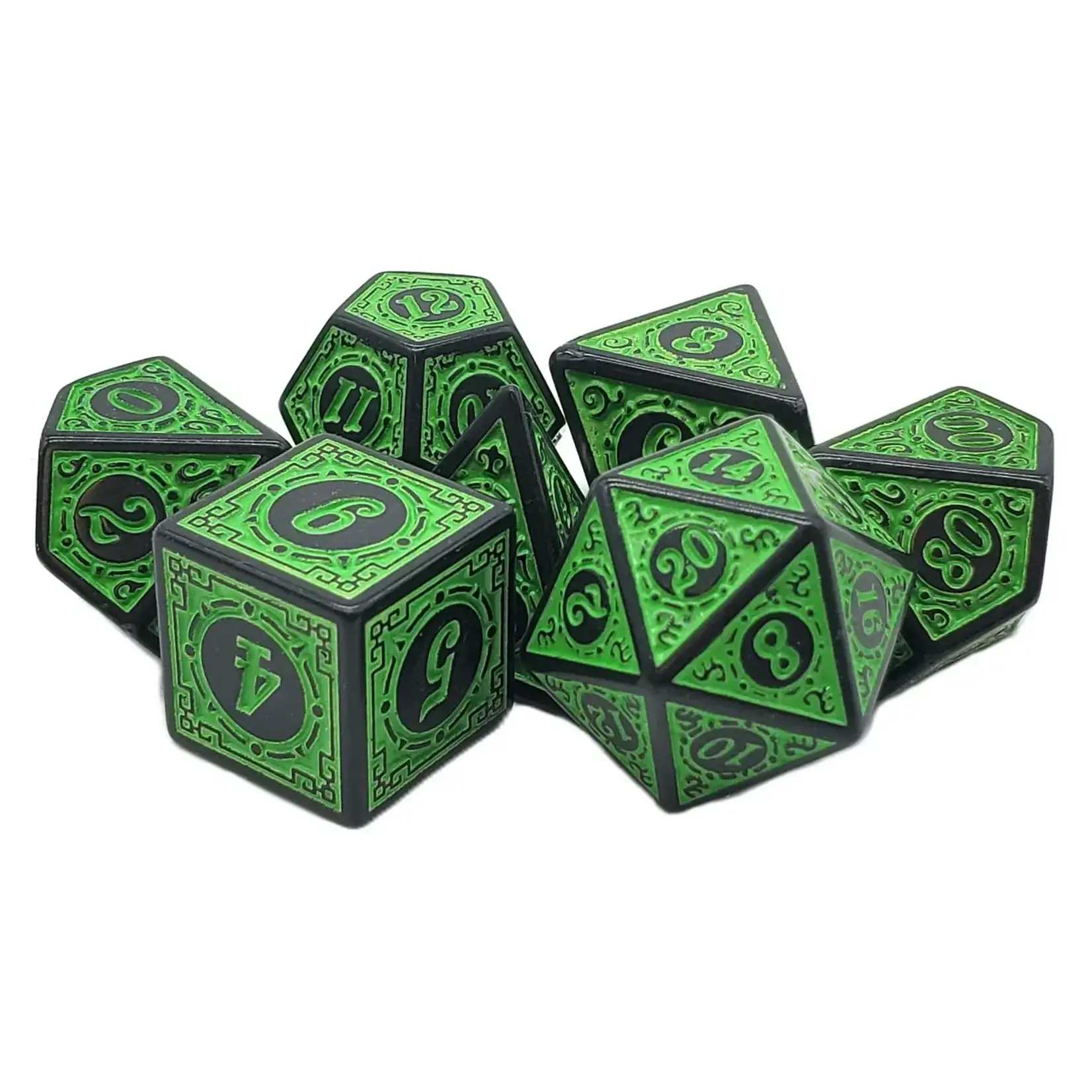 OLD SCHOOL DICE & ACCESSORIES MAGICAL RUNES GREEN 7PC SET