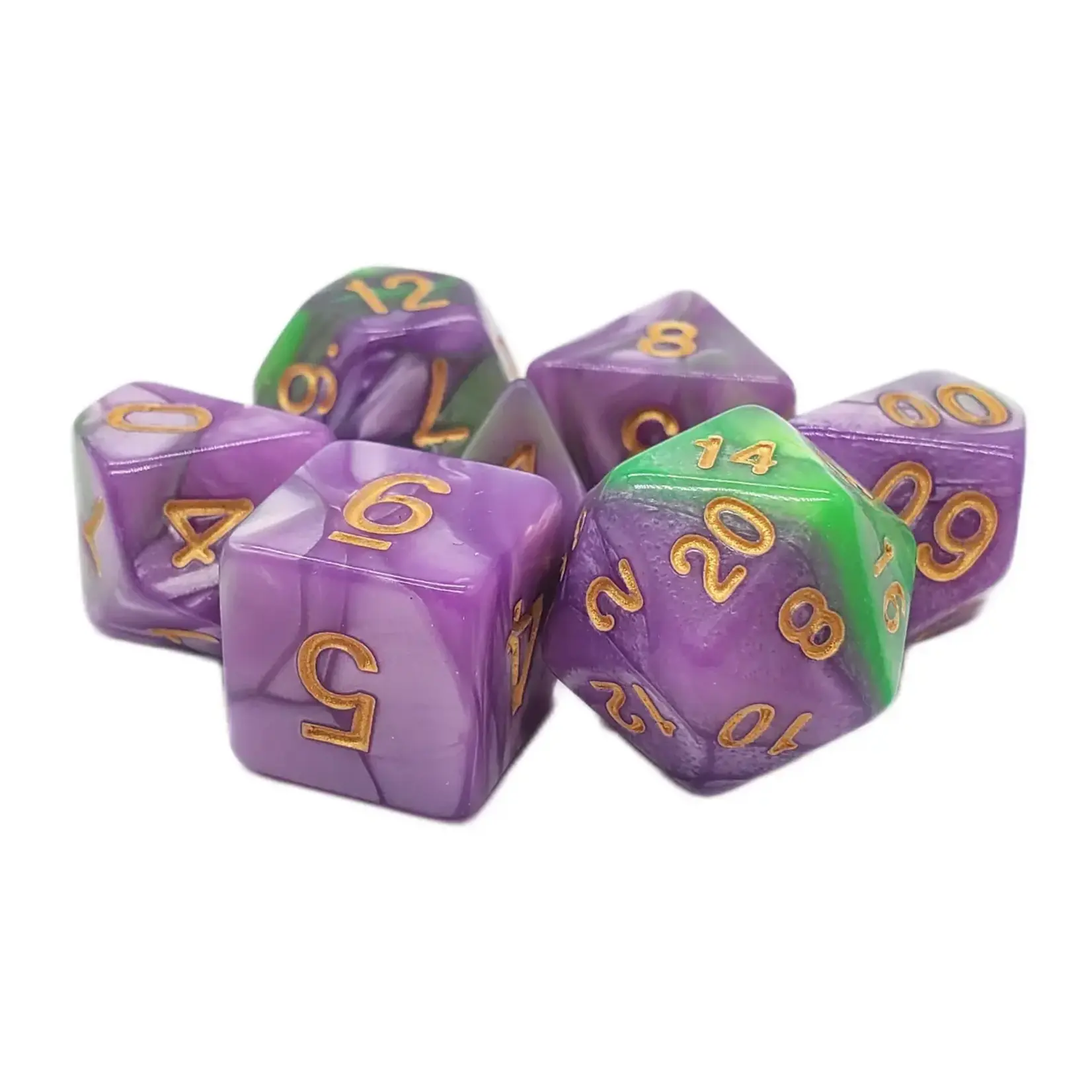 OLD SCHOOL DICE & ACCESSORIES VORPAL LAVENDER & GREEN W/GOLD 7PC SET