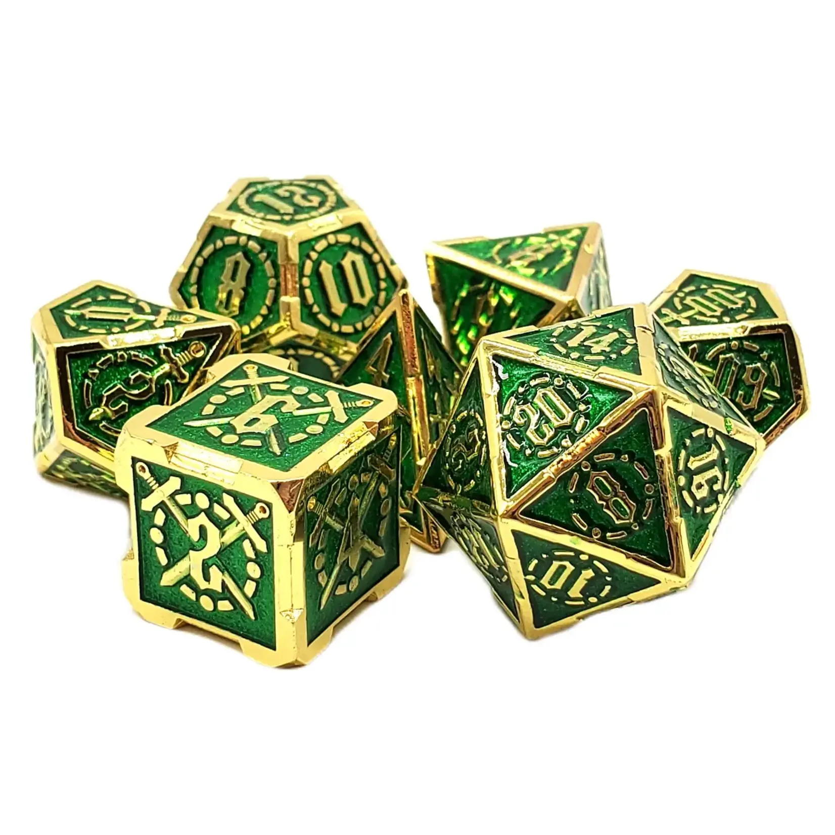 OLD SCHOOL DICE & ACCESSORIES KNIGHTS OF THE ROUND TABLE GREEN/GOLD METAL 7PC SET