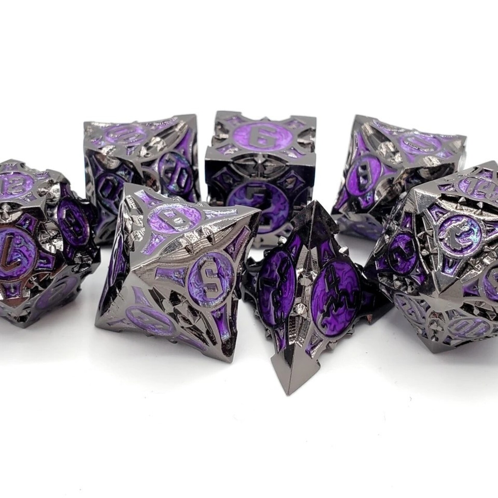 OLD SCHOOL DICE & ACCESSORIES GNOME FORGED BLACK NICKEL w/ PURPLE STANDARD METAL 7PC SET