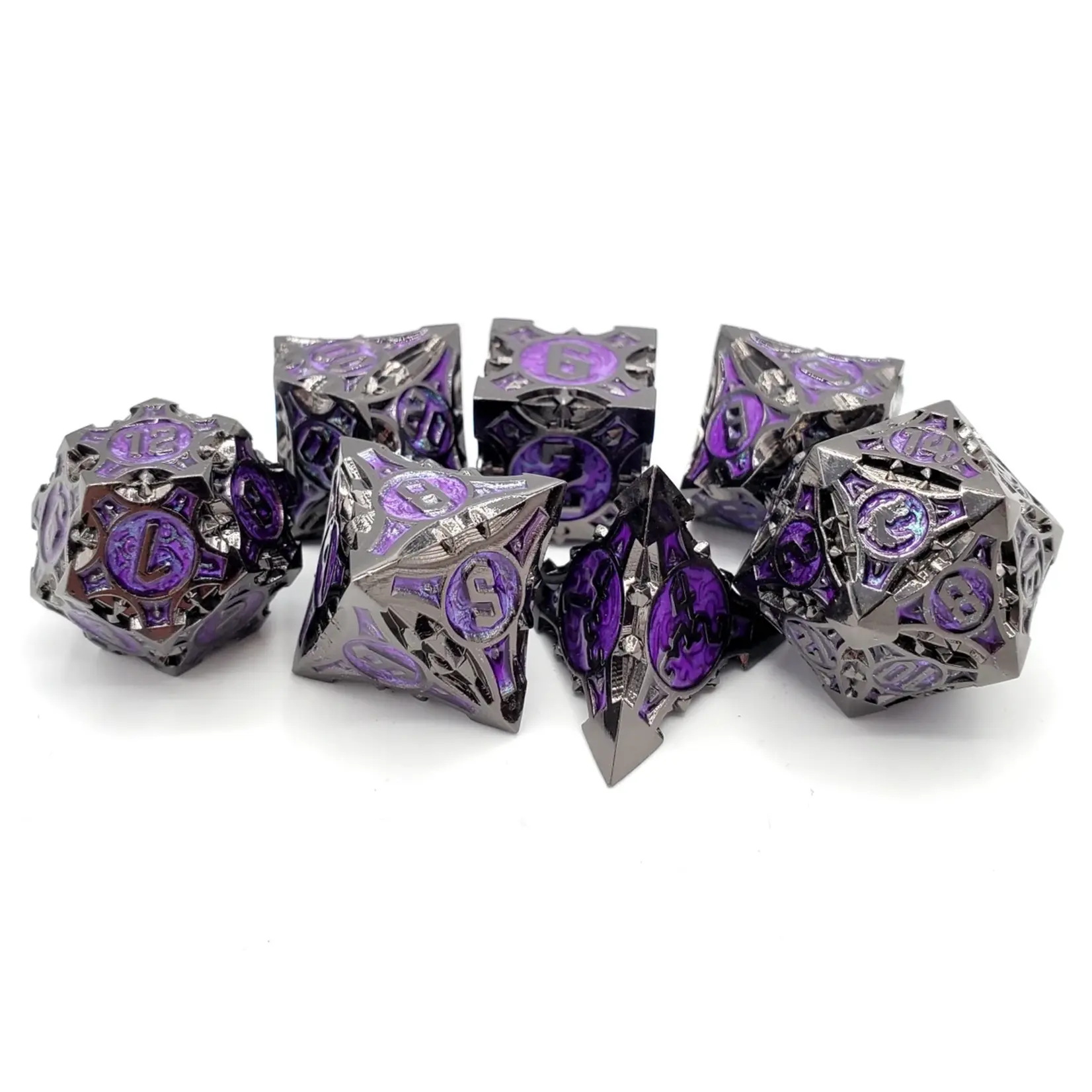 OLD SCHOOL DICE & ACCESSORIES GNOME FORGED BLACK NICKEL w/ PURPLE STANDARD METAL 7PC SET