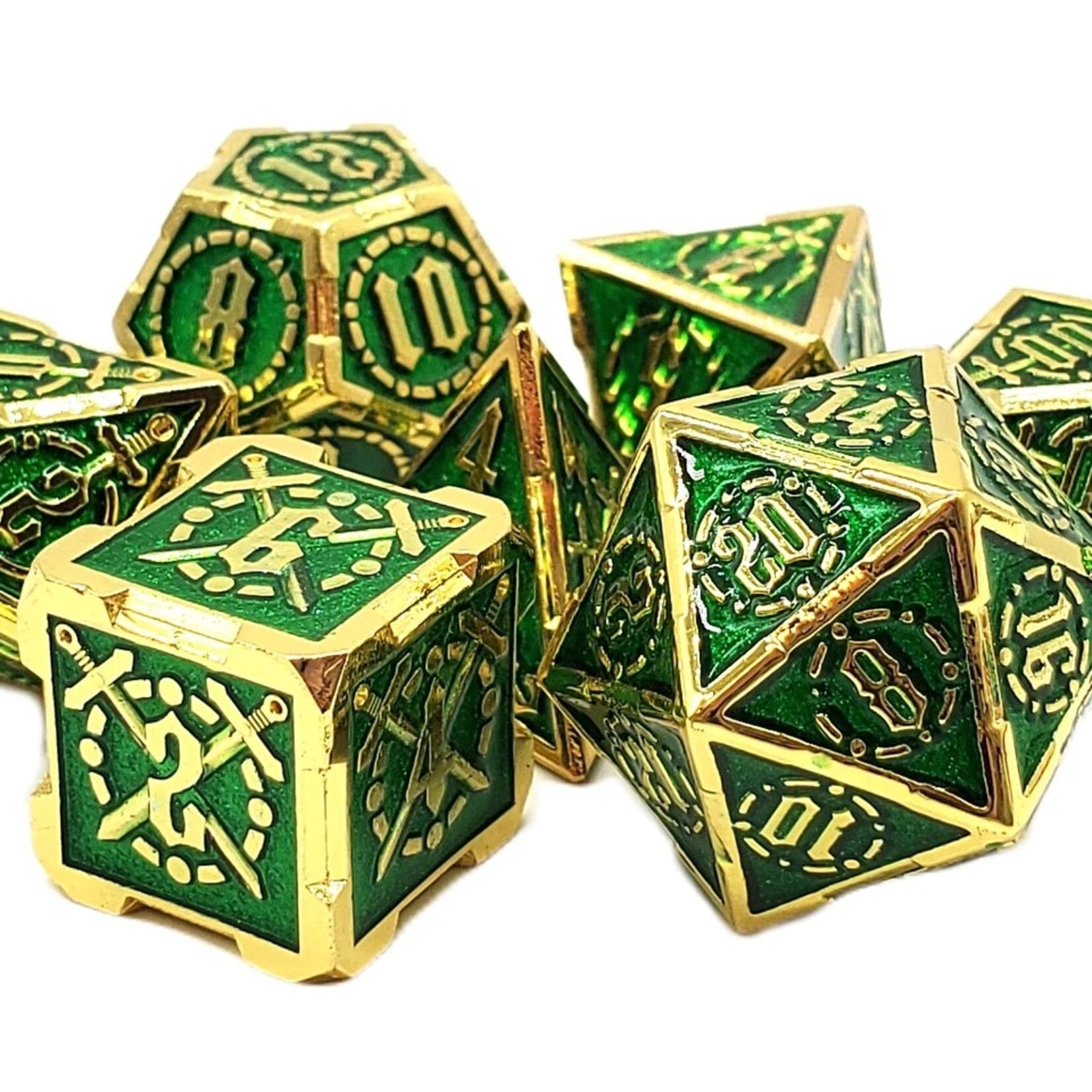 OLD SCHOOL DICE & ACCESSORIES KNIGHTS OF THE ROUND TABLE GREEN/GOLD METAL 7PC SET