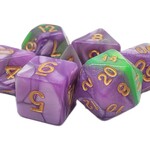 OLD SCHOOL DICE & ACCESSORIES VORPAL LAVENDER & GREEN W/GOLD 7PC SET