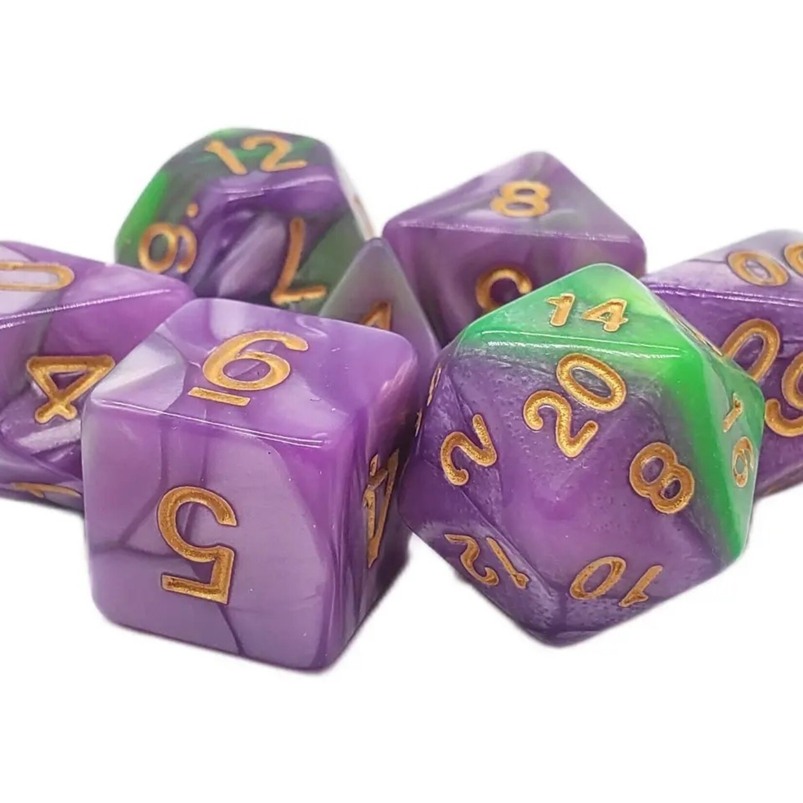 OLD SCHOOL DICE & ACCESSORIES VORPAL LAVENDER & GREEN W/GOLD 7PC SET
