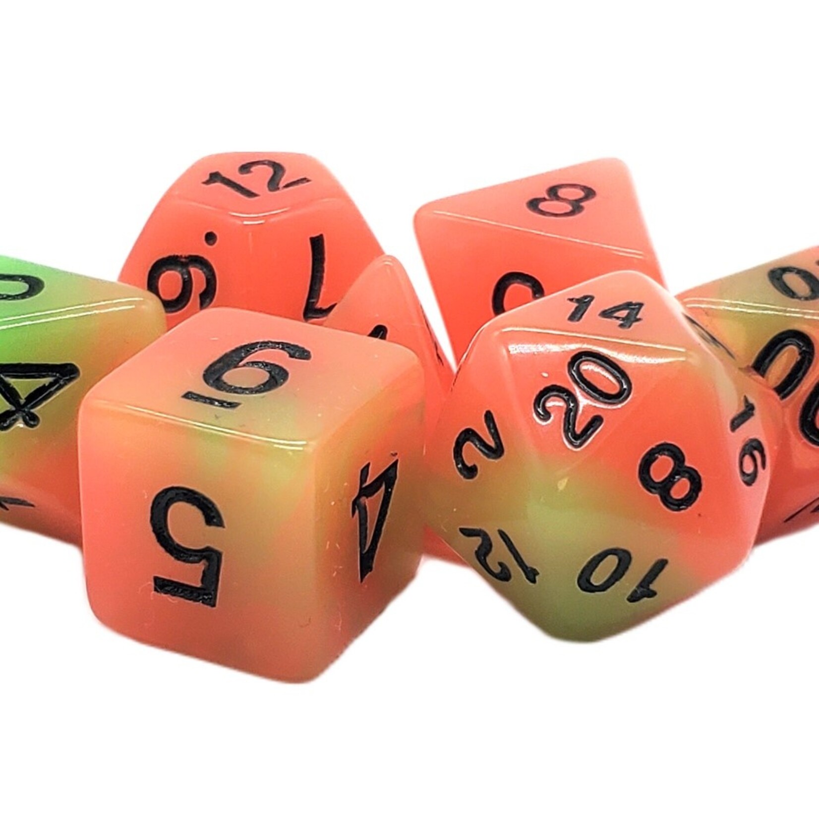 OLD SCHOOL DICE & ACCESSORIES GLOW DICE GREEN AND ORANGE 7PC SET