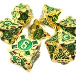OLD SCHOOL DICE & ACCESSORIES GNOME FORGED GOLD w/GREEN METAL 7PC SET