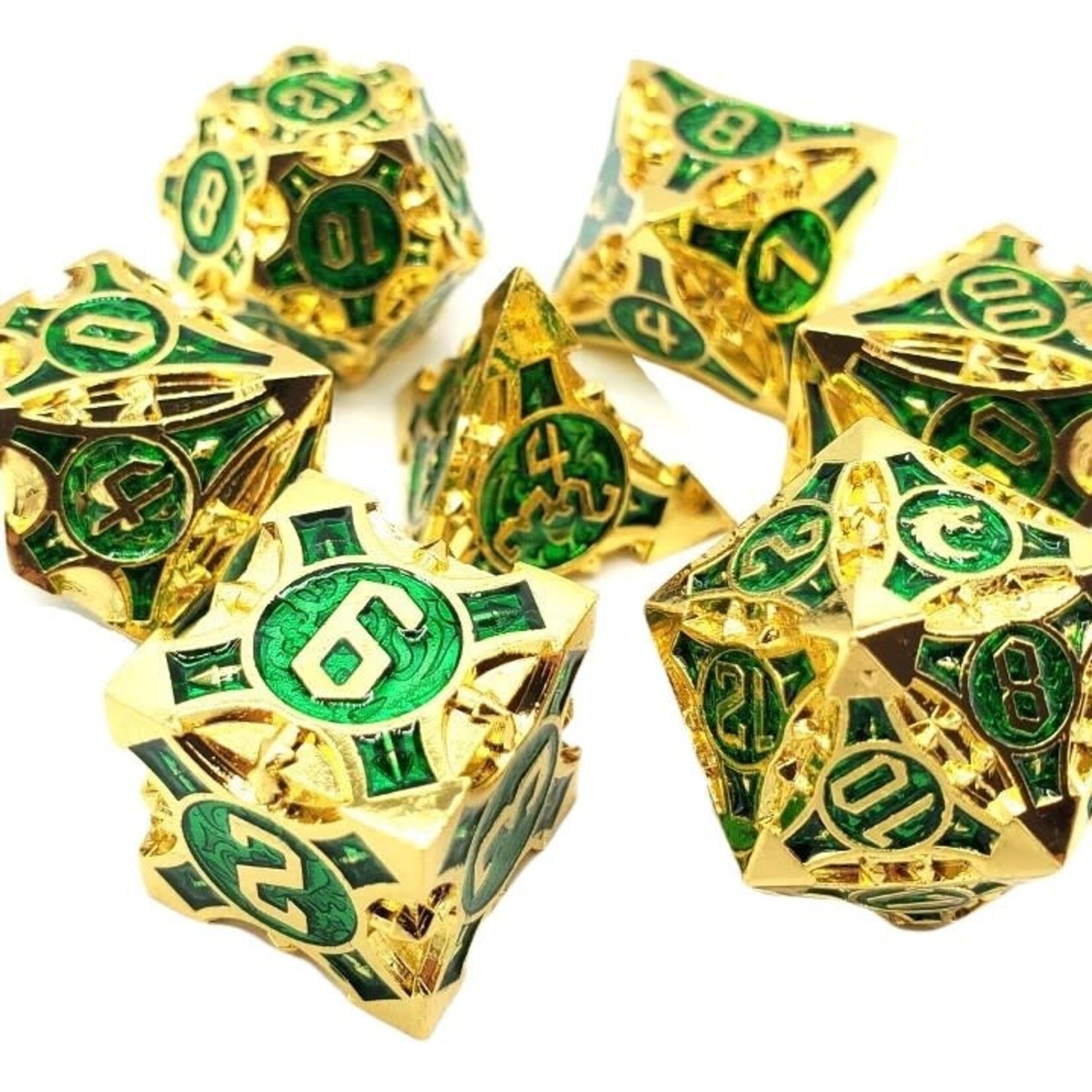 OLD SCHOOL DICE & ACCESSORIES GNOME FORGED GOLD w/GREEN METAL 7PC SET