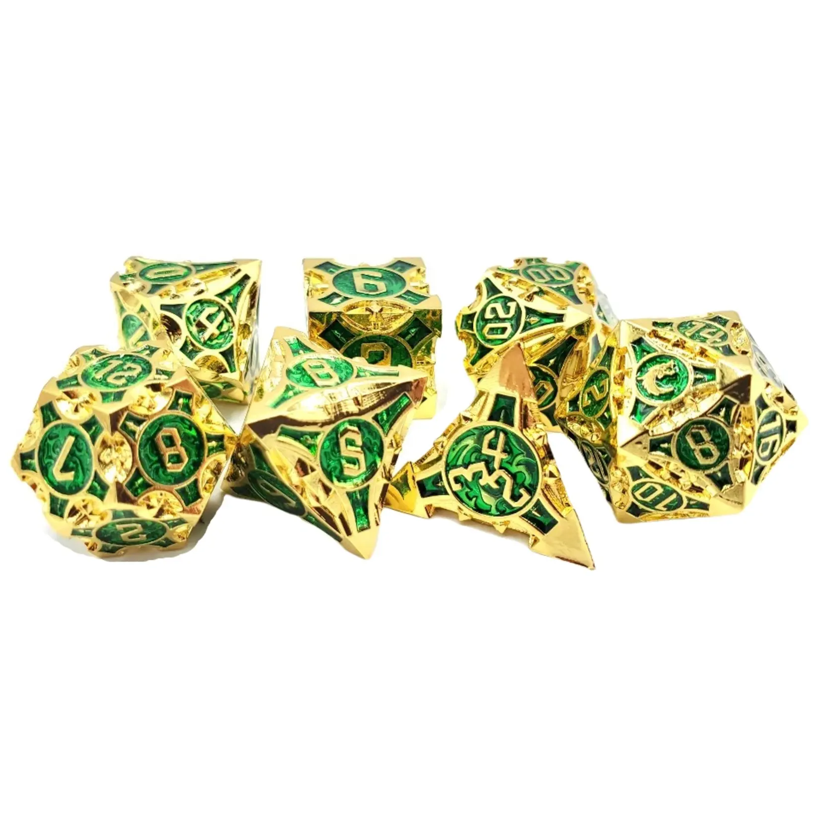 OLD SCHOOL DICE & ACCESSORIES GNOME FORGED GOLD w/GREEN METAL 7PC SET