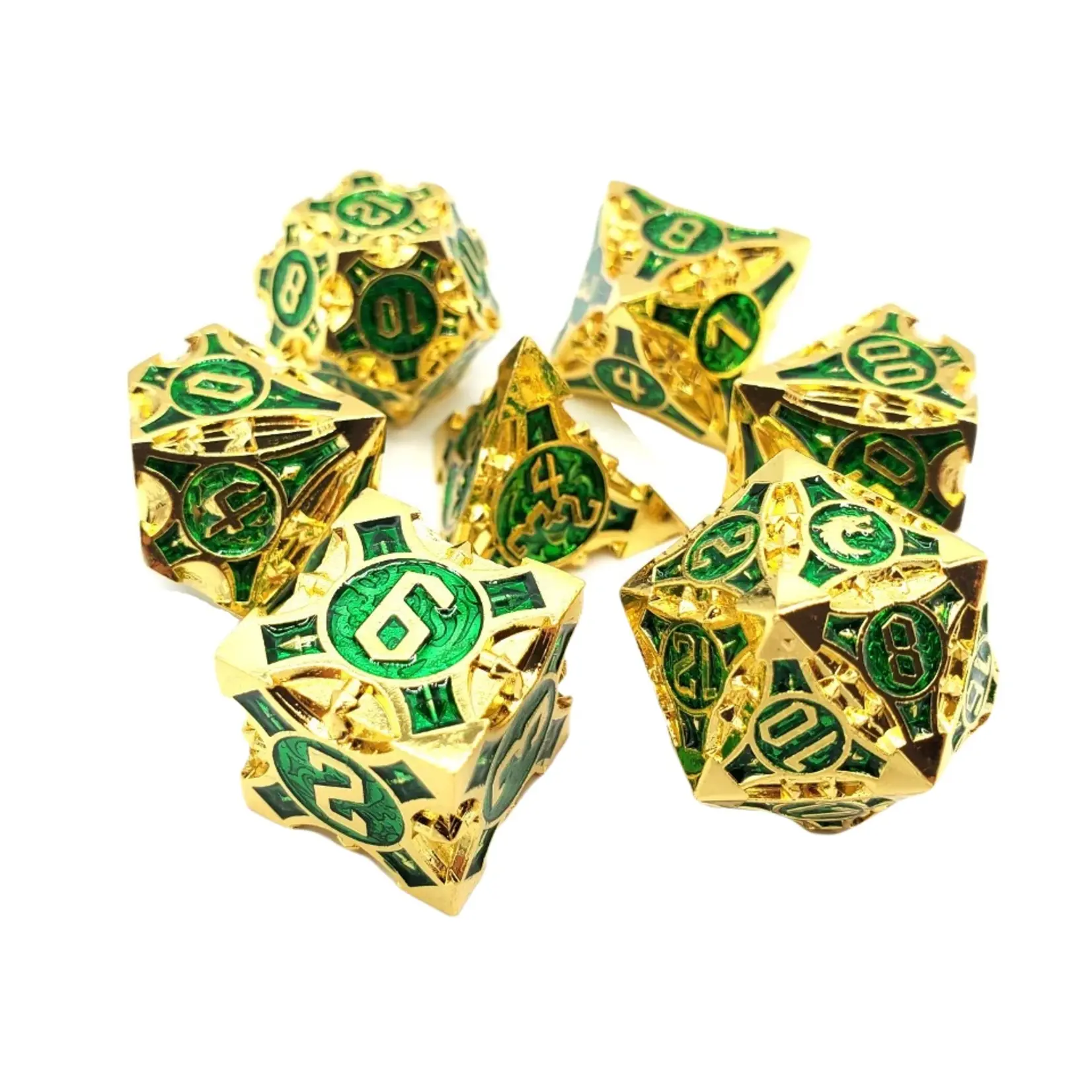 OLD SCHOOL DICE & ACCESSORIES GNOME FORGED GOLD w/GREEN METAL 7PC SET