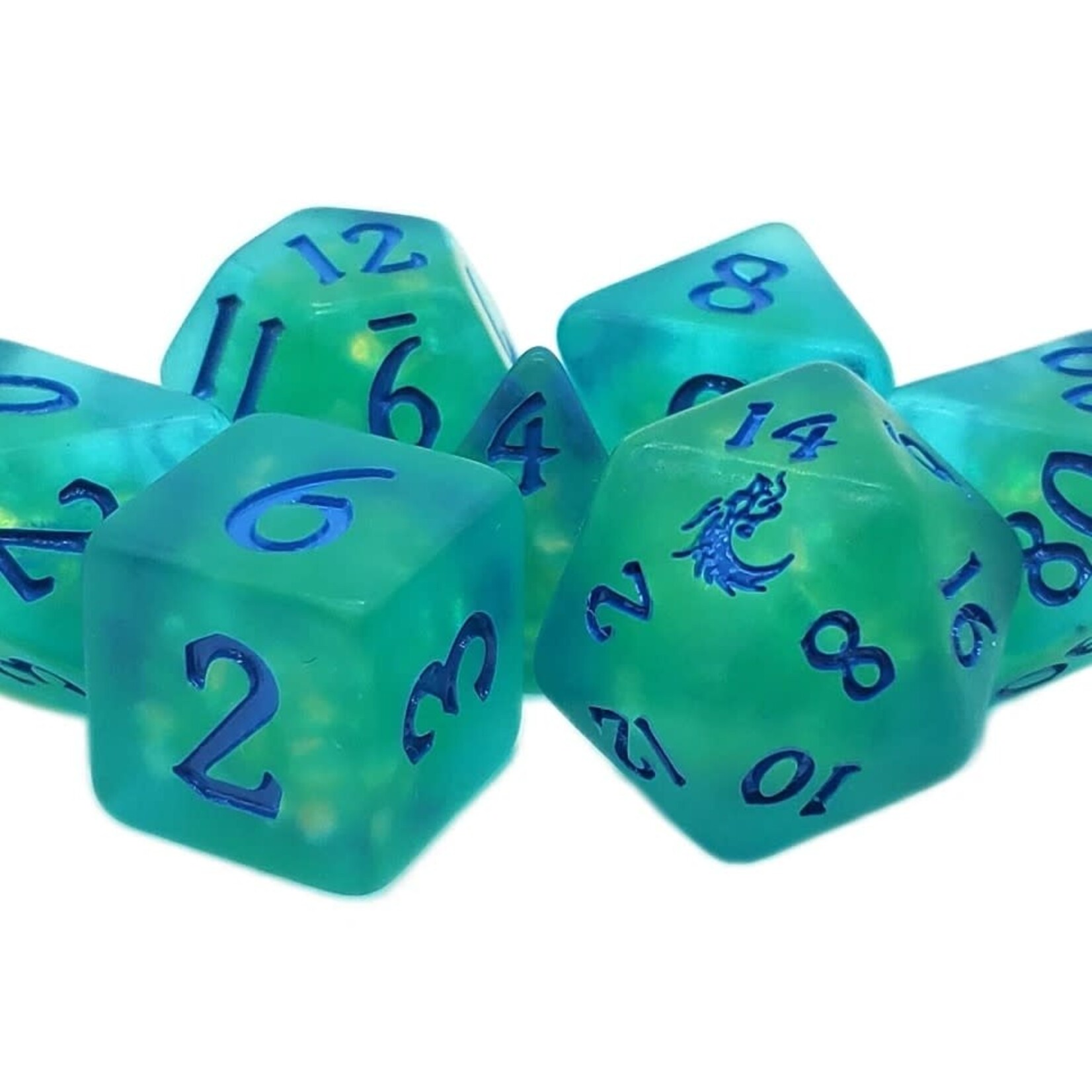 OLD SCHOOL DICE & ACCESSORIES INFUSED FROSTED FIREFLY CYAN W/ BLUE 7PC SET