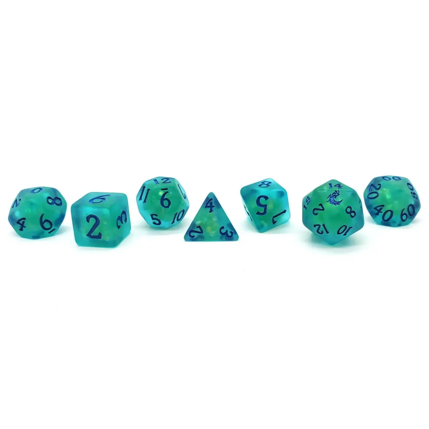 OLD SCHOOL DICE & ACCESSORIES INFUSED FROSTED FIREFLY CYAN W/ BLUE 7PC SET