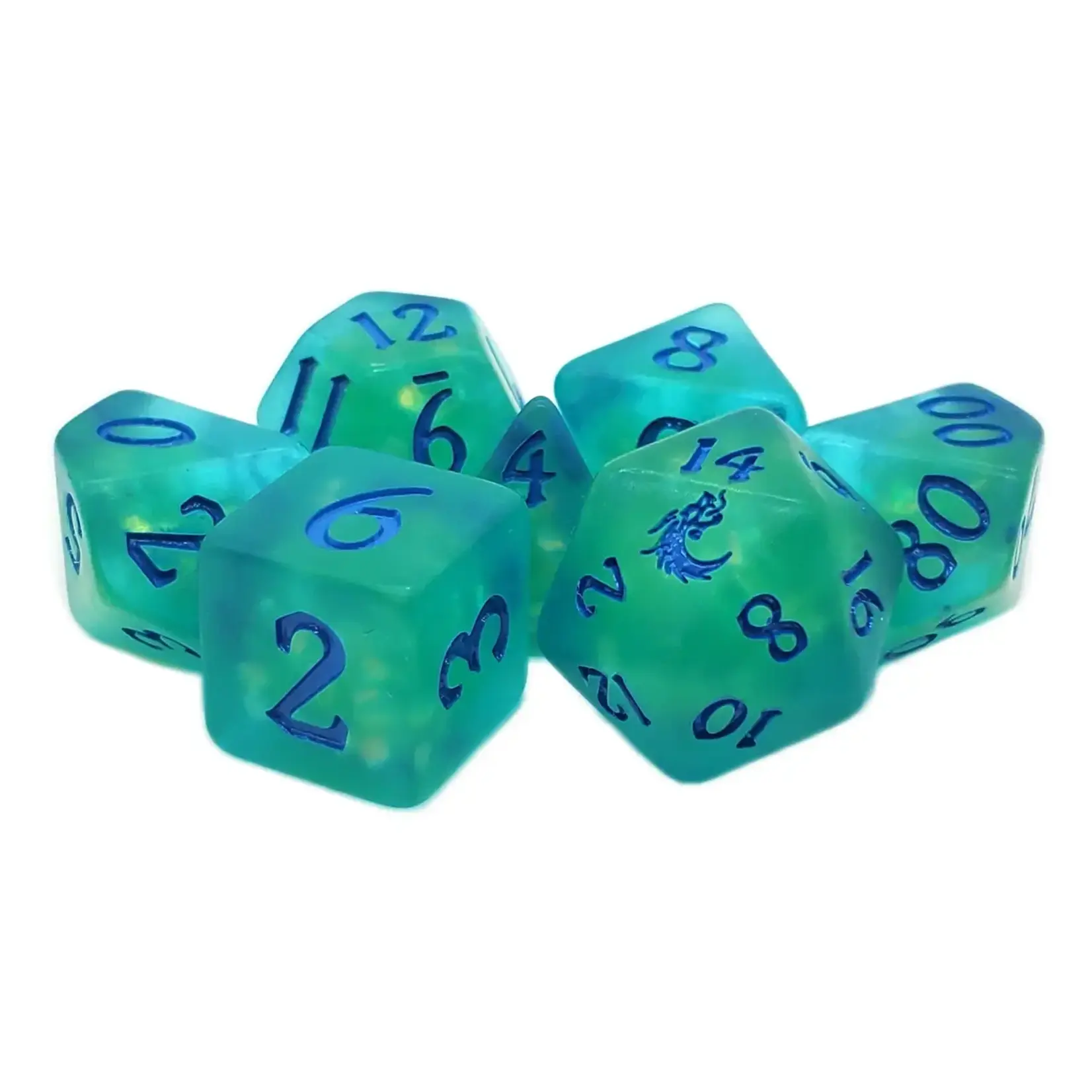 OLD SCHOOL DICE & ACCESSORIES INFUSED FROSTED FIREFLY CYAN W/ BLUE 7PC SET