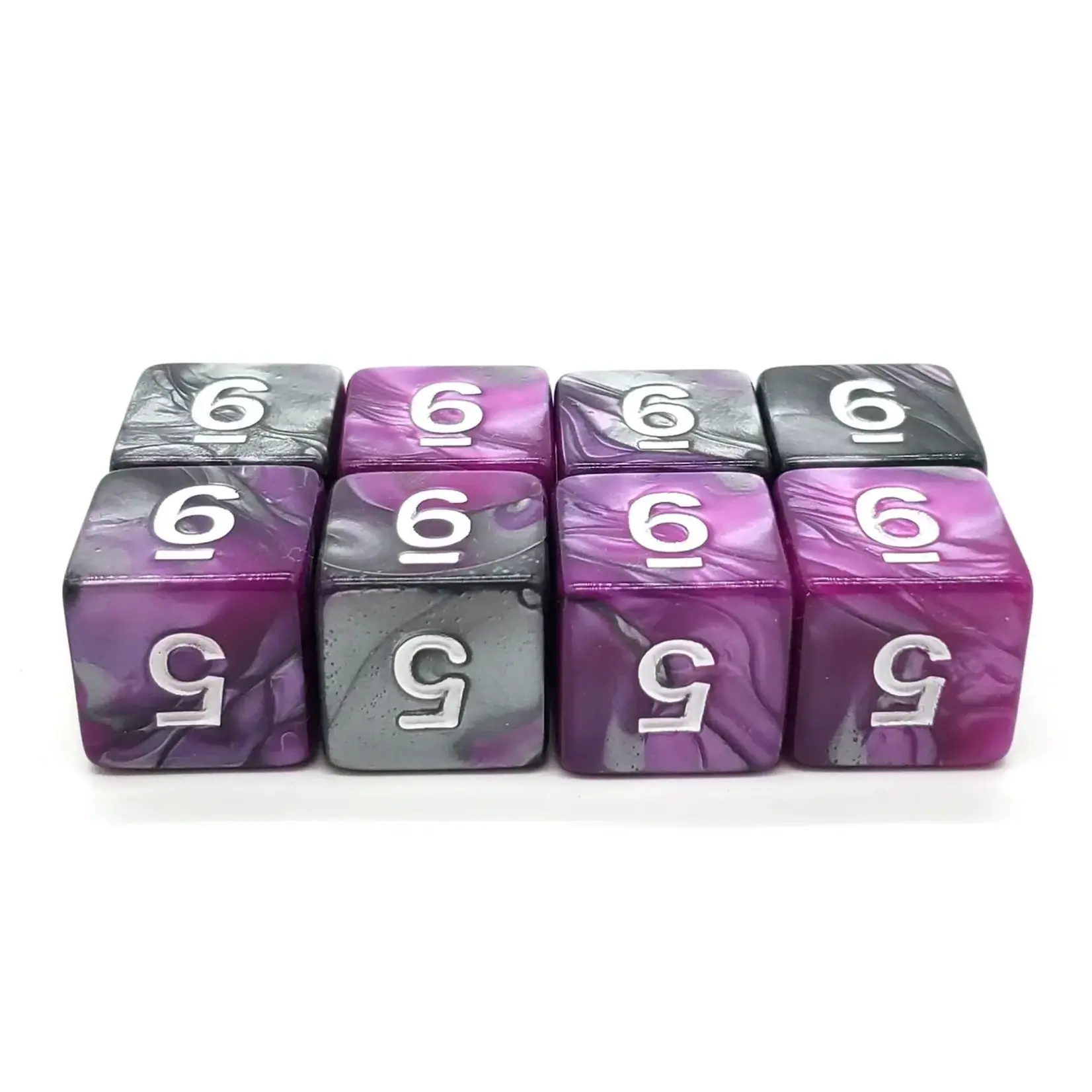 OLD SCHOOL DICE & ACCESSORIES VORPAL SILVER AND PURPLE W/ WHITE D6 8PC SET