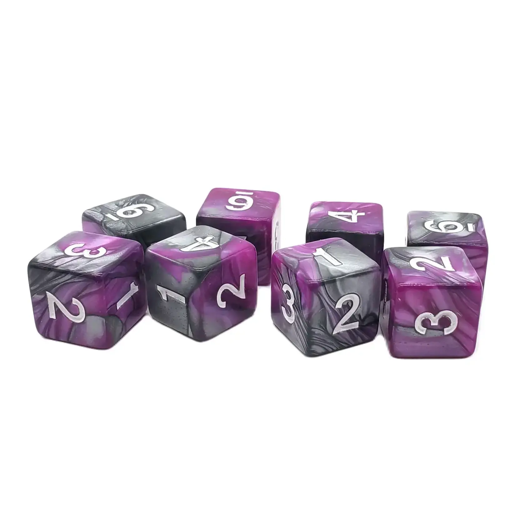 OLD SCHOOL DICE & ACCESSORIES VORPAL SILVER AND PURPLE W/ WHITE D6 8PC SET