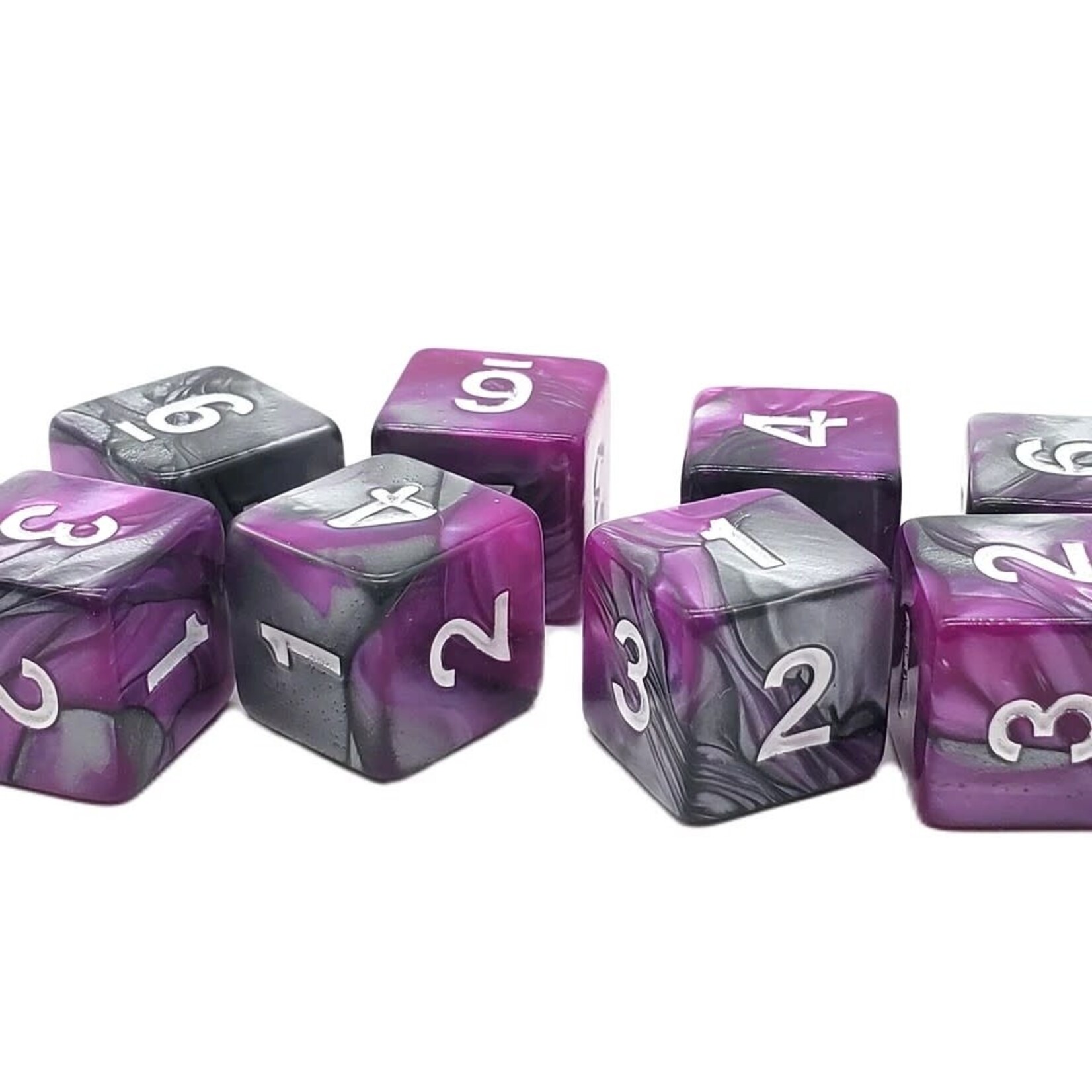 OLD SCHOOL DICE & ACCESSORIES VORPAL SILVER AND PURPLE W/ WHITE D6 8PC SET