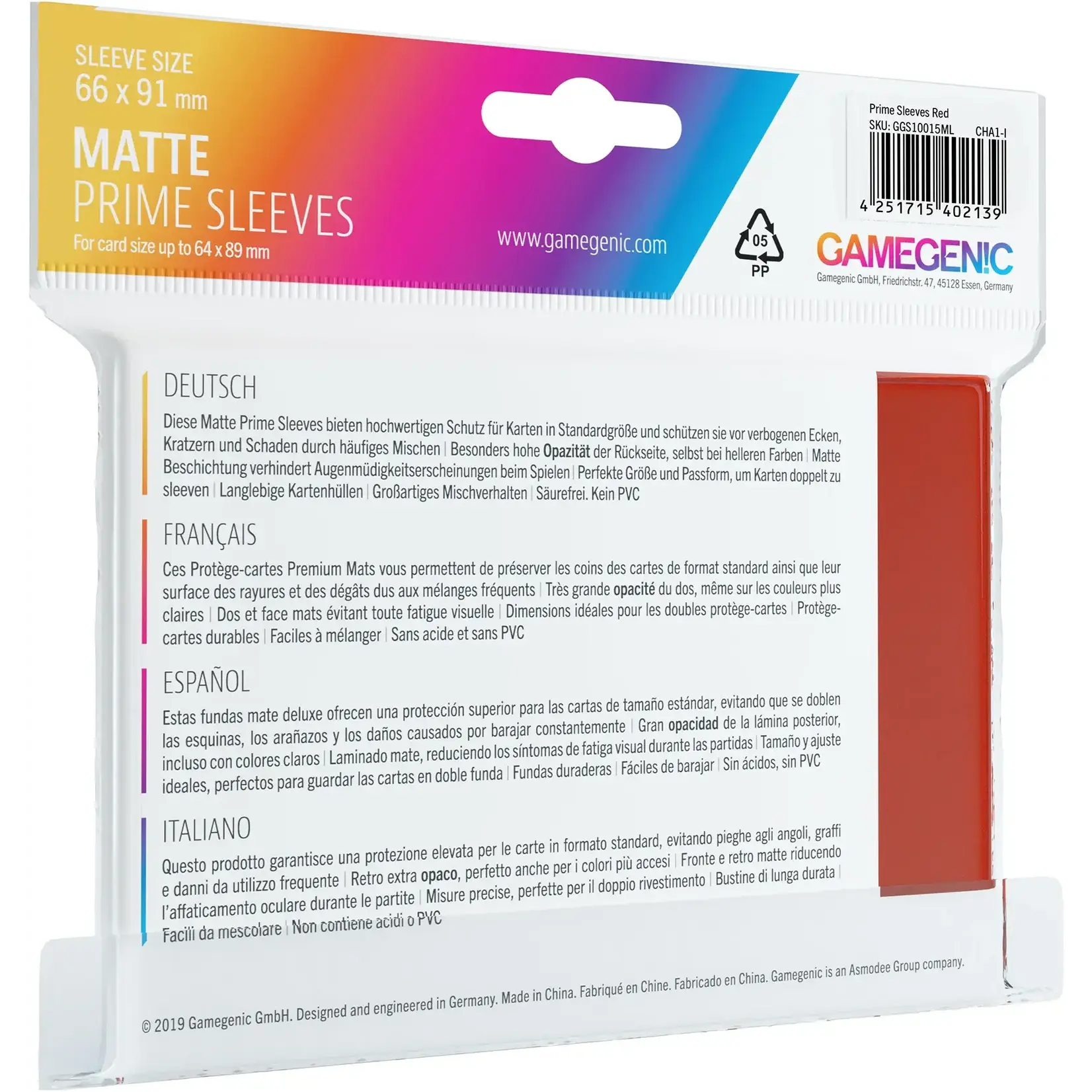 GAMEGENIC GAMEGENIC MATTE PRIME SLEEVES: RED 66x91mm 100CT BOX
