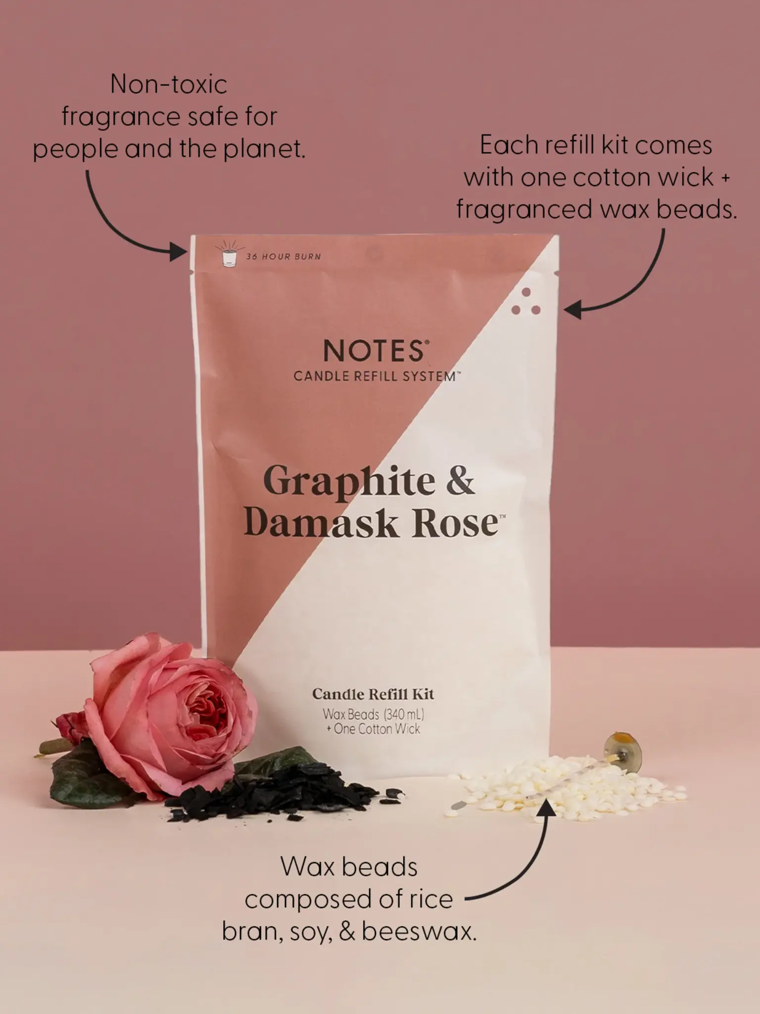 NOTES Sustainable Candle Refill Kit Graphite & Damask Rose