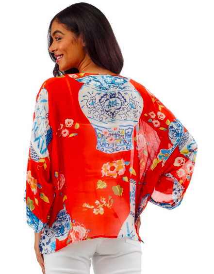 Two's Company Blue Vase Short Kimono One Size