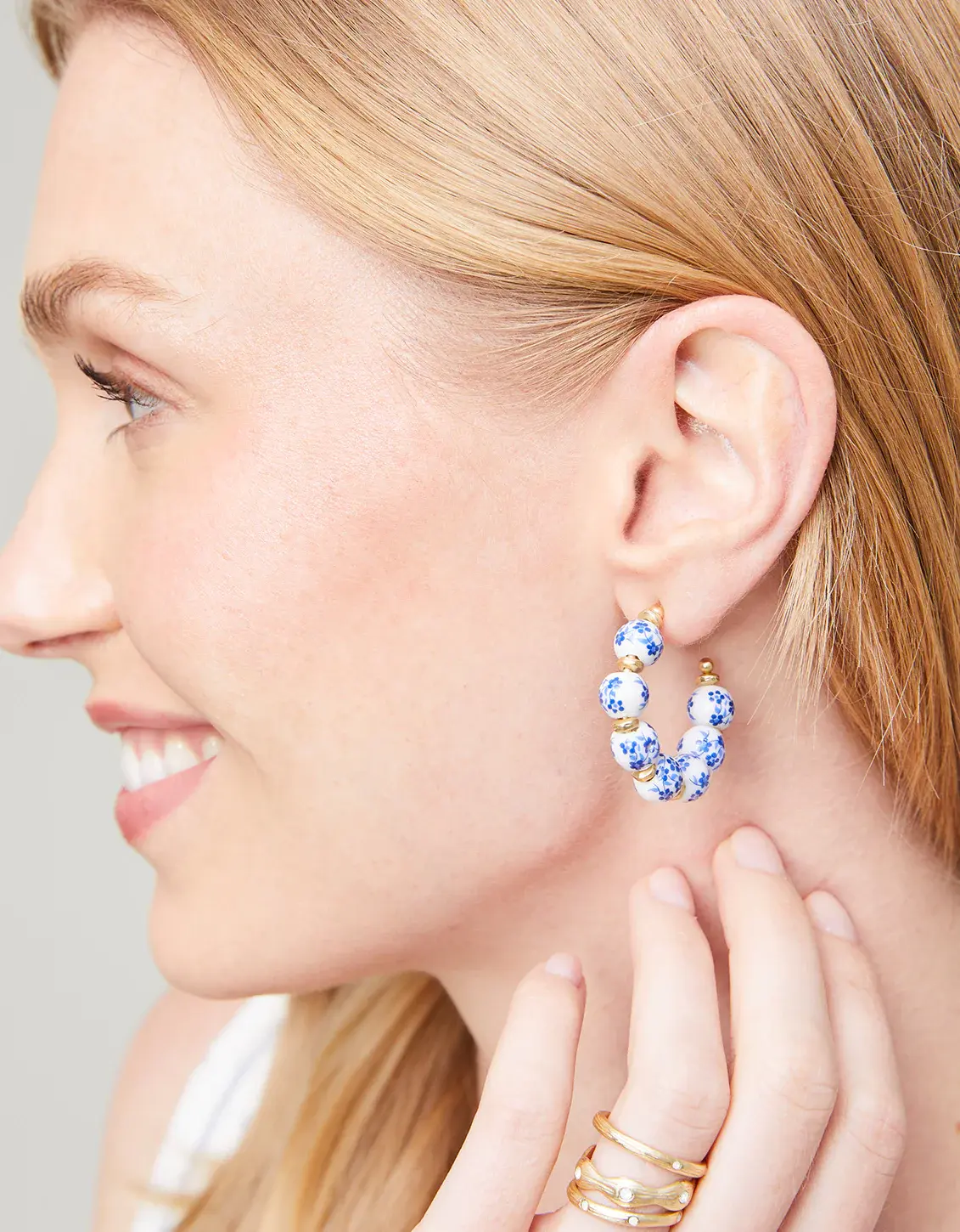 Spartina Annabelle Beaded Hoop Earrings Blue Flowers