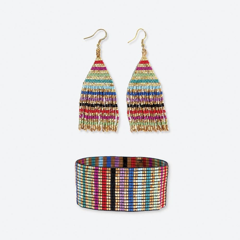 Ink + Alloy Striped Beaded Earrings and Bracelet Set Multi-Color