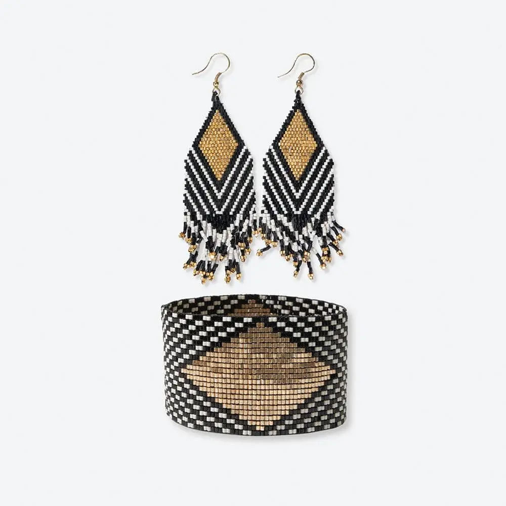 Ink + Alloy Angles Beaded Earrings and Bracelet Set Black/White