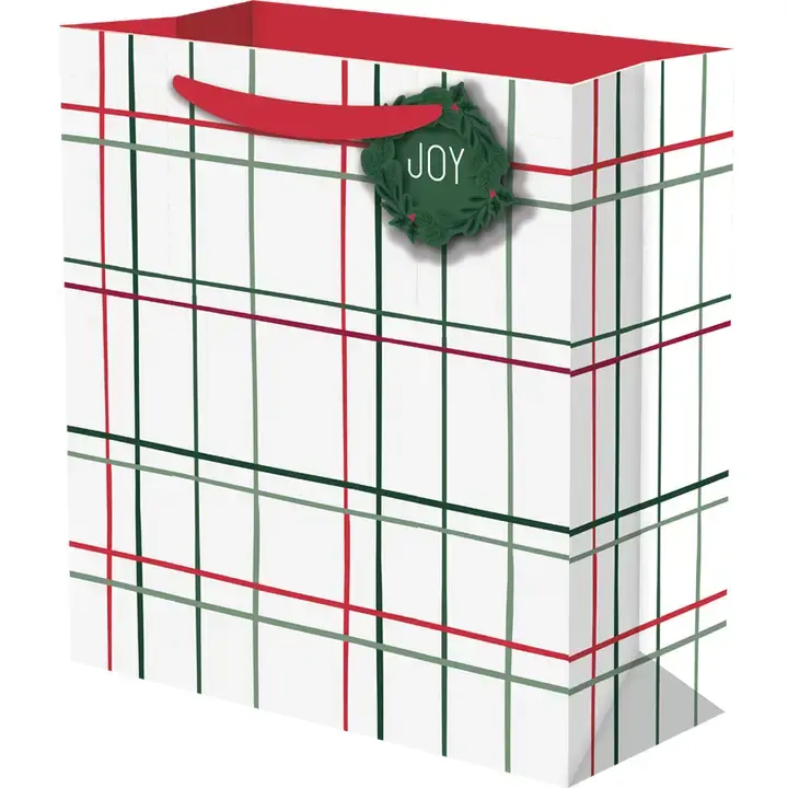 Gift Wrap Company Holly Day Cheer White Plaid Bag