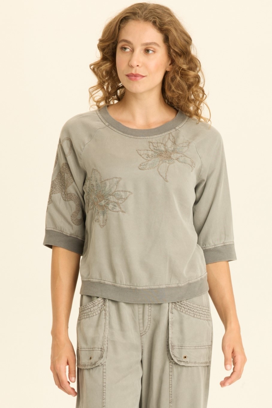 XCVI Embroidered Linton Top Magnetic Grey
