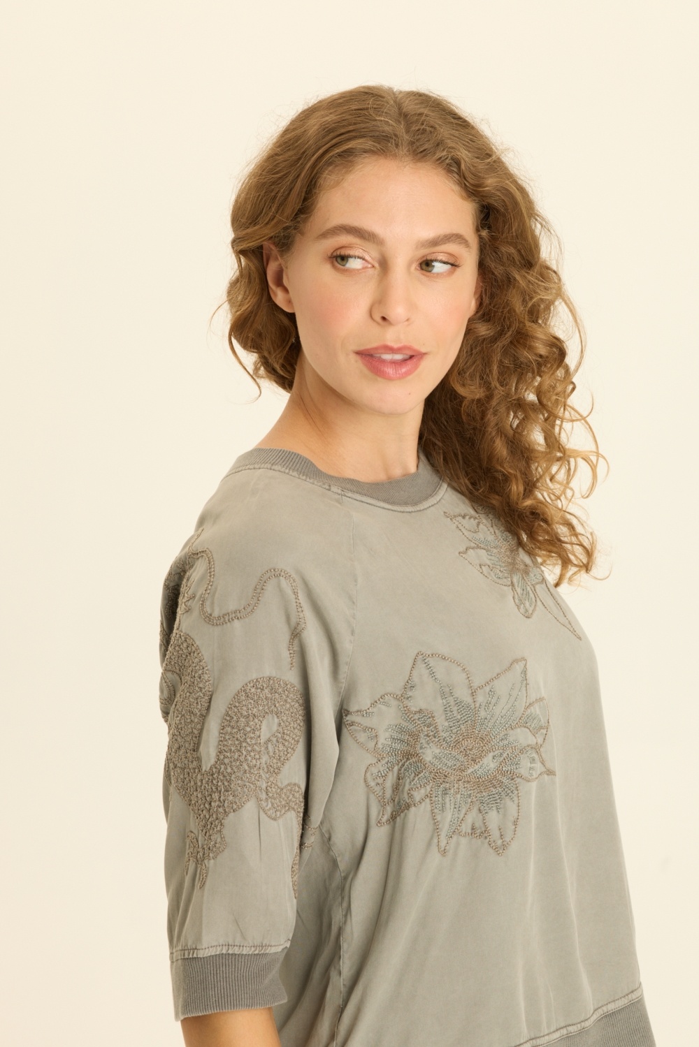 XCVI Embroidered Linton Top Magnetic Grey