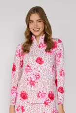 G Lifestyle Quarter Zip Top Beige Leopard Floral