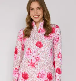G Lifestyle Quarter Zip Top Beige Leopard Floral