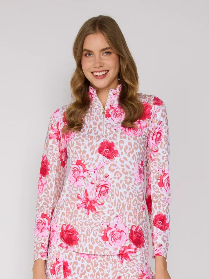 G Lifestyle Quarter Zip Top Beige Leopard Floral