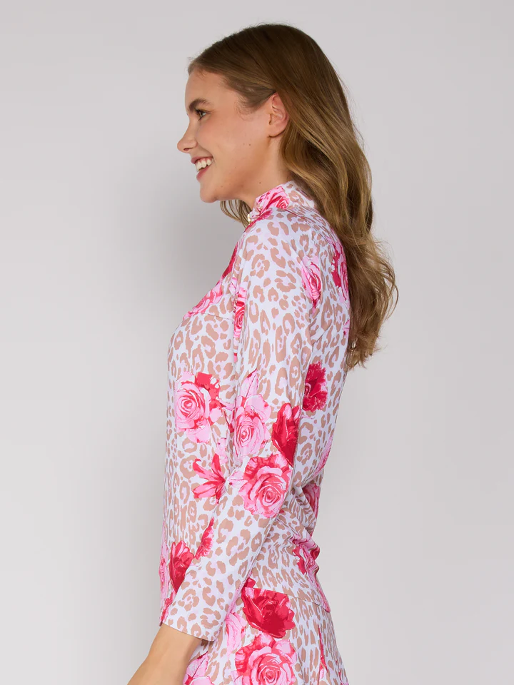 G Lifestyle Quarter Zip Top Beige Leopard Floral