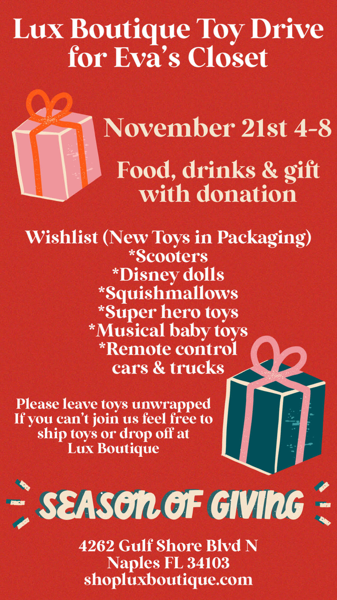 Lux Boutique Hosts Holiday Toy Drive for Eva’s Closet 