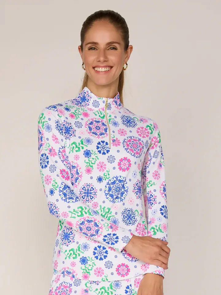 G Lifestyle Quarter Zip Top Turq Medallion