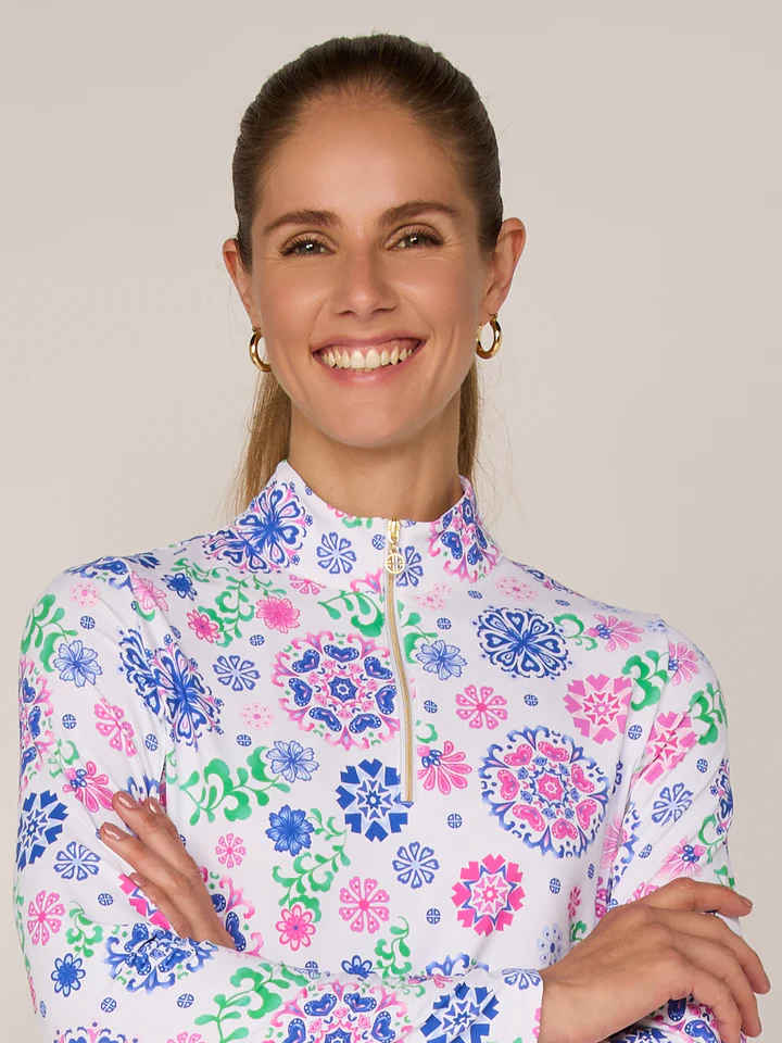 G Lifestyle Quarter Zip Top Turq Medallion