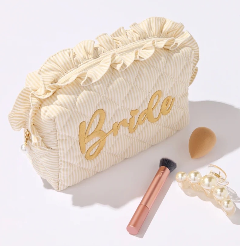 Shiraleah Ruffle "Bride" Large Zip Pouch Beige