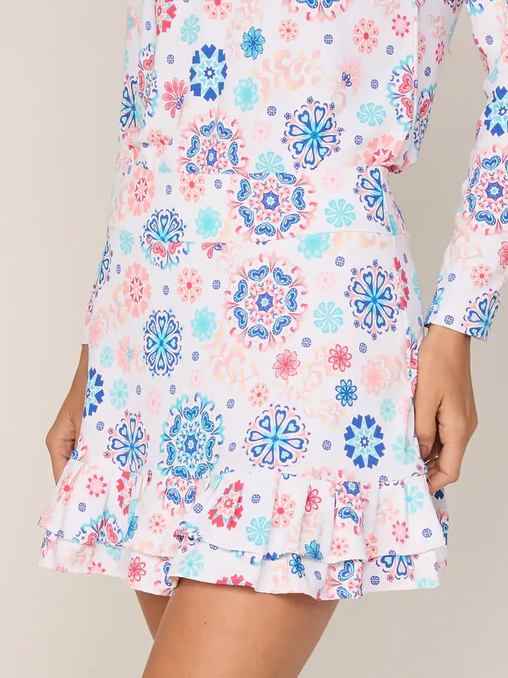 G Lifestyle Double Ruffle Skort Coral Medallion