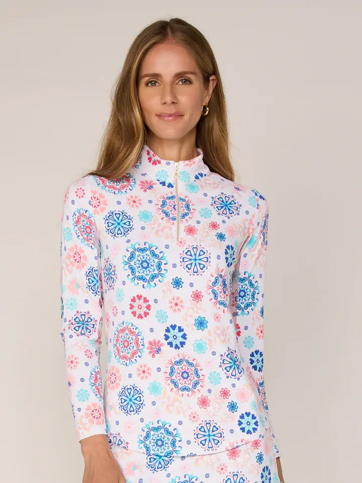 G Lifestyle G Lifestyle Quarter Zip Top Coral Medallion