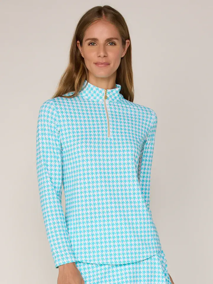 G Lifestyle G Lifestyle Quarter Zip Top Turquoise Houndstooth