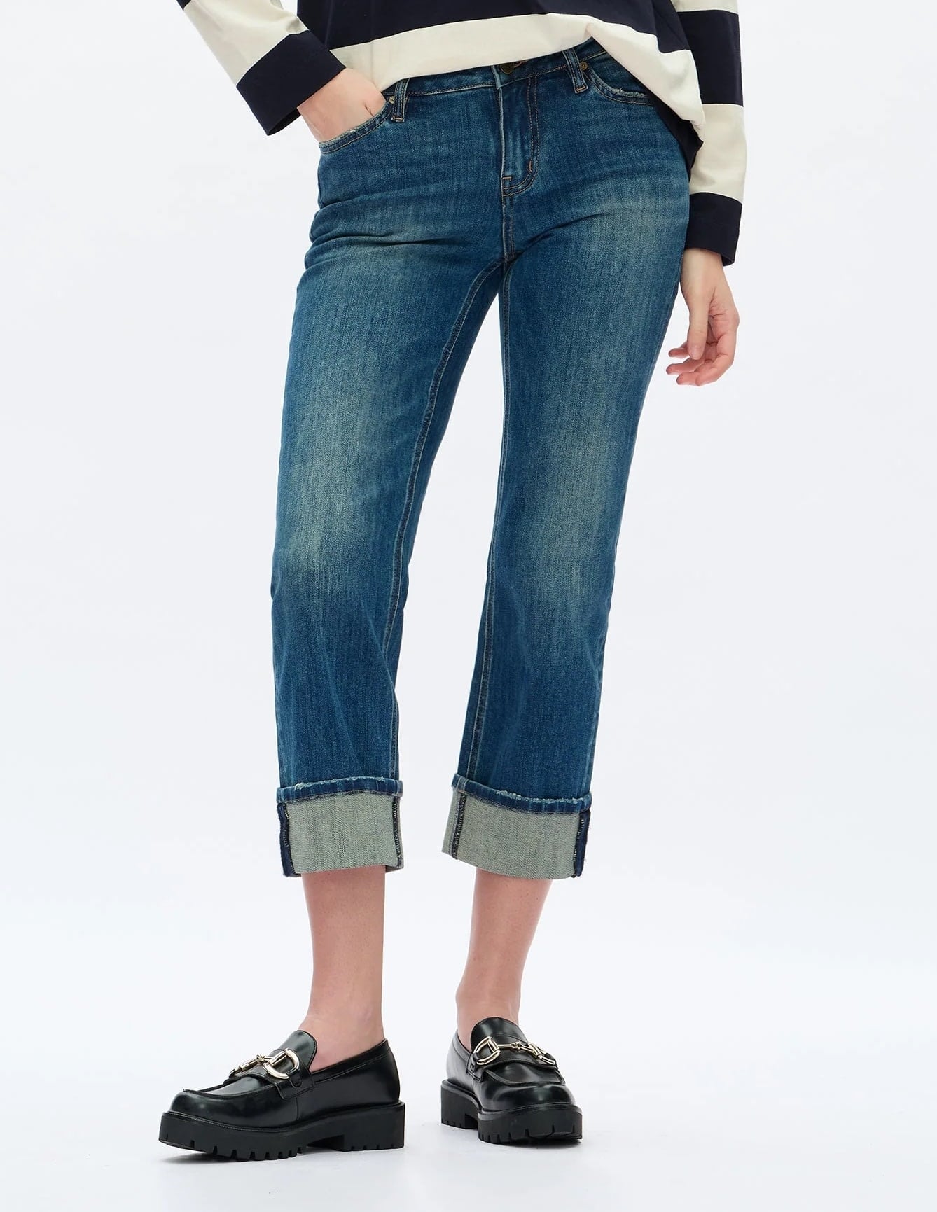 Bayeas Cuffed Straight Leg Jeans Retro Blue