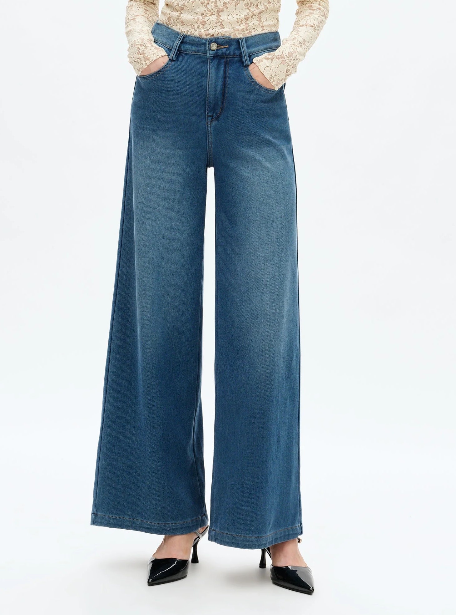 Bayeas Elastic Cuff Wide Leg Jean Med Blue