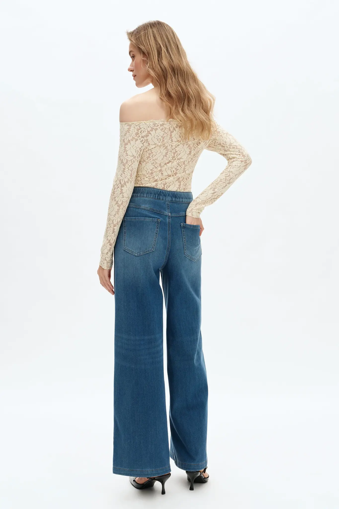 Bayeas Elastic Cuff Wide Leg Jean Med Blue