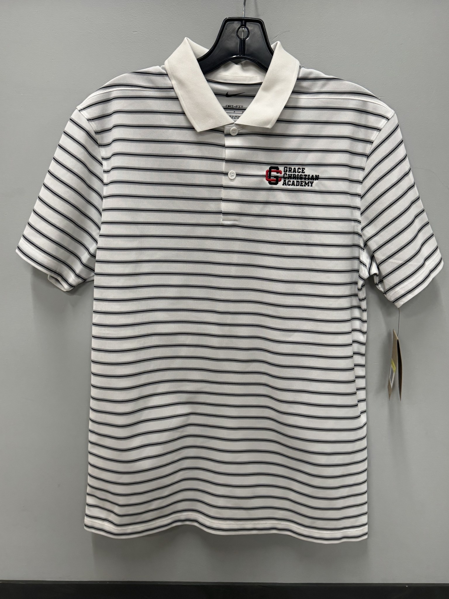 Nike Men's Grey/White Striped Banner Logo Dri Fit Polo