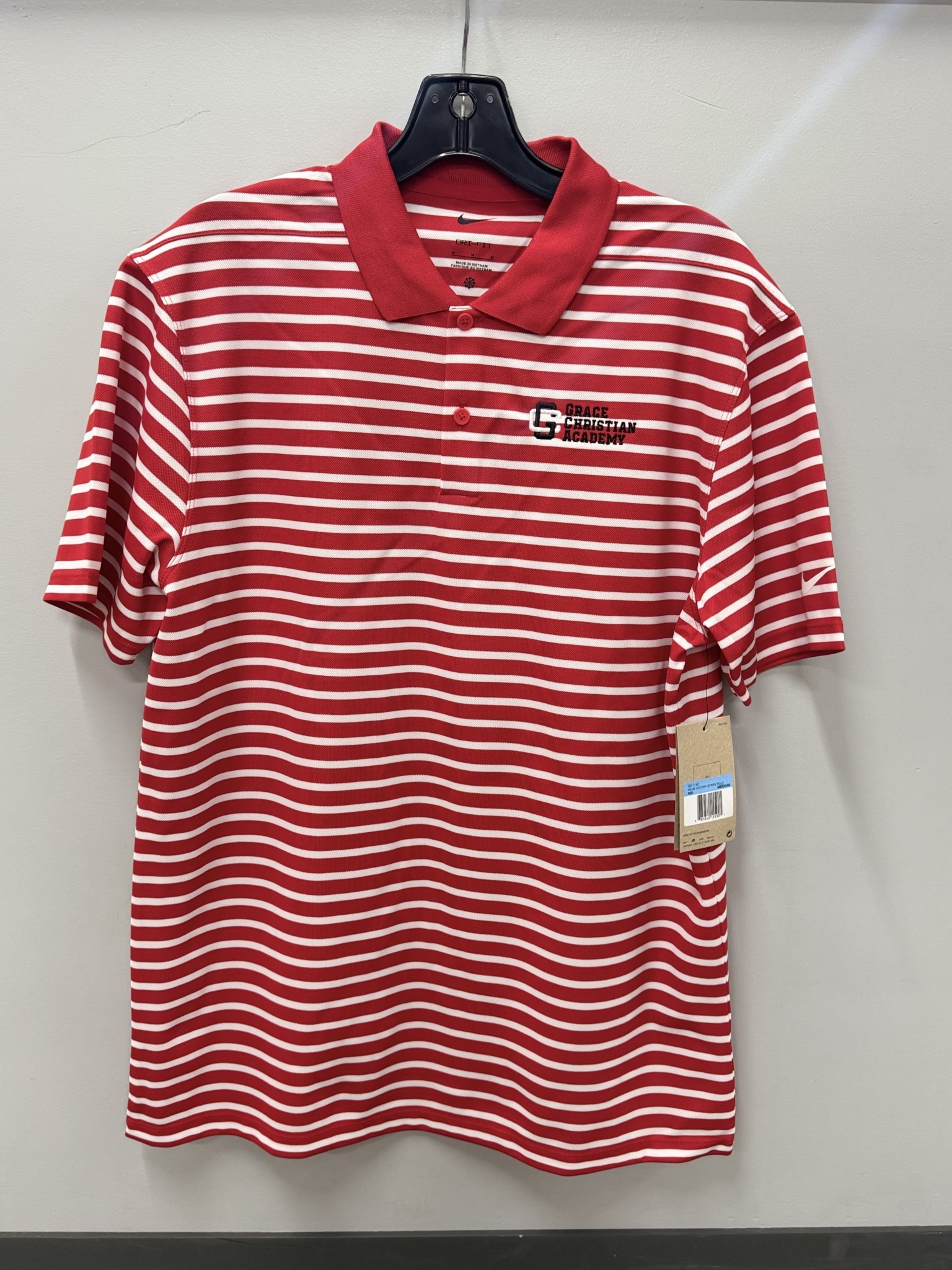 Nike Men's Red/White Striped Banner Logo Dri Fit Polo