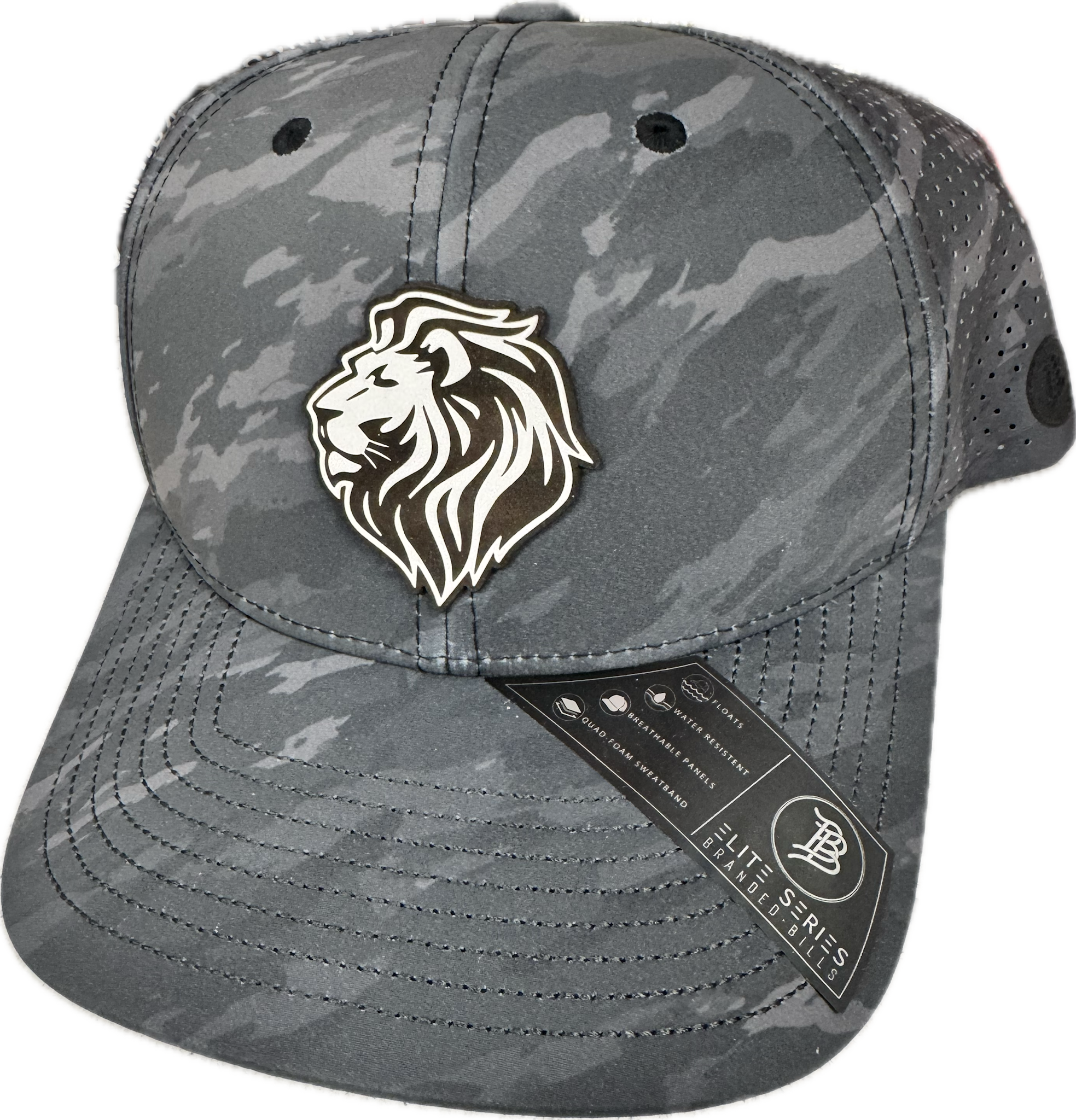 Branded Bills Adult Gray Camo Leather Patch Lion Hat