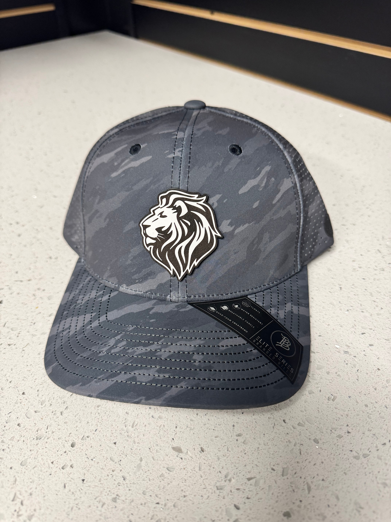Branded Bills Adult Gray Camo Leather Patch Lion Hat